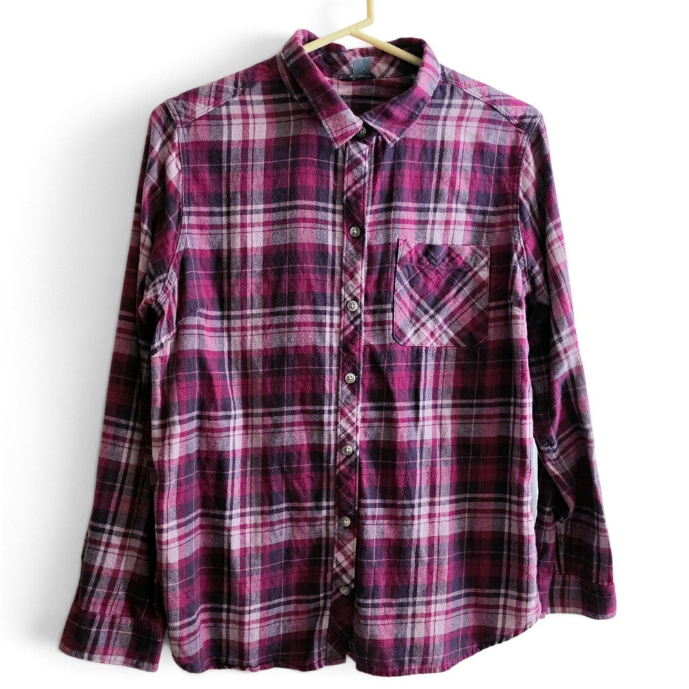 Eddie Bauer Forest Flannel Shirt Women's L Purple Violet Plaid 100% Cotton